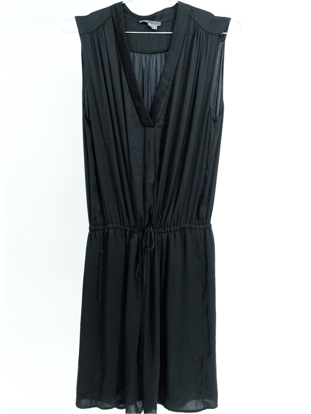 VINCE Black Draped V Neck Drawstring Midi Dress XL